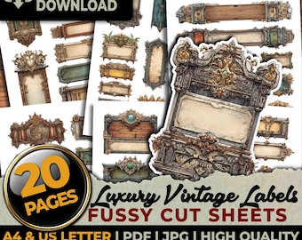Luxury Vintage Labels Baroque Decorative Fussy Cuts Ephemera Printable Sheets Junk Journal Cutouts Scrapbook Sublimation A4 & US Letter
