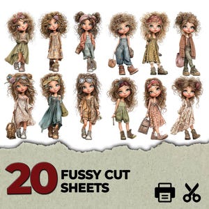 May include: A collection of twelve illustrated dolls with curly brown hair, each wearing different outfits including dresses, overalls, and jackets in earthy tones. The image includes the text 20 FUSSY CUT SHEETS, a printer icon, and a scissors icon.