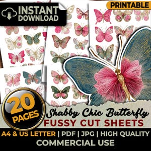 Shabby Chic Butterfly Romantic Pink Spring Fussy Cut Sheets Ephemera Printable Junk Journal Cutouts Scrapbook Sublimation A4 & US Letter
