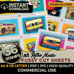 May include: Digital collage sheet featuring 36 retro music stamps in two sizes. The stamps showcase boomboxes, cassette tapes, and vinyl records in vibrant colors. Text includes "Instant Download," "80s Retro Music," and "Fussy Cut Sheets."