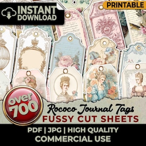 Puede incluir: Una colección de etiquetas imprimibles para diarios Rococo con diseños florales y retratos. Las etiquetas presentan una variedad de colores, incluyendo rosa, azul y crema, con el texto "Descarga instantánea" e "Imprimible". La imagen también incluye el texto "Over 700 Rococo Journal Tags Fussy Cut Sheets".