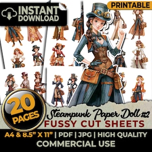 May include: A digital collection of 20 pages of printable paper dolls featuring characters in various outfits with hats, goggles, and accessories. The text includes 'INSTANT DOWNLOAD', '20 PAGES', 'Steampunk Paper Doll #2', 'FUSSY CUT SHEETS', 'A4 & 8.5" X 11"', 'PDF | JPG | HIGH QUALITY', and 'COMMERCIAL USE'.