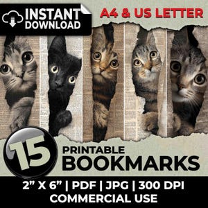 Puede incluir: Marcapáginas imprimibles con caras de gatos asomando por papel rasgado. La imagen incluye el texto "INSTANT DOWNLOAD", "A4 & US LETTER", "15 PRINTABLE BOOKMARKS", y medidas de 5.08cm x 15.24cm. Uso comercial.