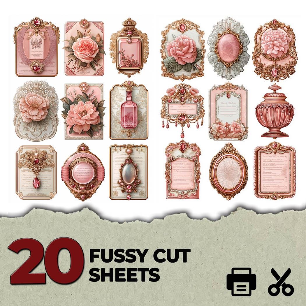 Blush Pink Vintage Jeweled Labels Tags Gilded Jewel Fussy Cuts Ephemera ...