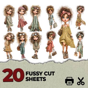 May include: A collection of 20 illustrated doll characters with curly hair and varied outfits, including dresses, skirts, and overalls. The text 20 FUSSY CUT SHEETS is displayed in large red and black font, accompanied by printer and scissors icons.