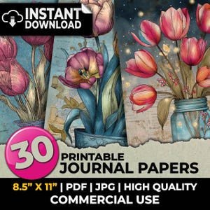 Puede incluir: Papeles de diario imprimibles digitales con ilustraciones de acuarela de tulipanes rosas y rojos en jarrones. La imagen incluye el texto "INSTANT DOWNLOAD" y "30 PRINTABLE JOURNAL PAPERS" con dimensiones de 21,6 x 27,9 cm.