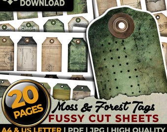 Moss Forest Tags Vintage Green Distressed Fussy Cuts Ephemera Printable Sheets Junk Journal Cutouts Scrapbook Sublimation A4 & US Letter