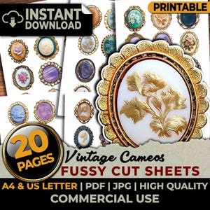 May include: A digital collection of 20 pages of printable vintage cameo designs featuring various oval-shaped frames with floral, portrait, and abstract motifs. The sheets include text labels such as INSTANT DOWNLOAD, PRINTABLE, and VINTAGE CAMEOS FUSSY CUT SHEETS.