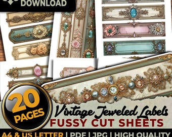 Large Vintage Jeweled Labels Gilded Jewel Fussy Cuts Ephemera Printable Sheets Junk Journal Planners Scrapbook Sublimation A4 & US Letter