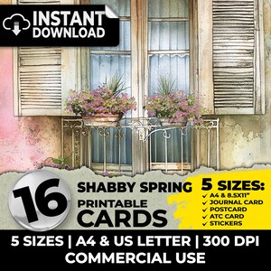 Puede incluir: Una descarga digital de 16 tarjetas imprimibles con una ilustración de acuarela de una ventana con flores en macetas en un balcón. El texto "Shabby Spring Printable Cards" está en la imagen. La imagen es de 300 DPI y está disponible en 5 tamaños: A4, 8,5 x 11 pulgadas, tarjeta de diario, tarjeta postal, tarjeta ATC y pegatinas. El texto "Commercial Use" también está en la imagen.