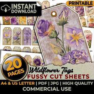 Wildflower Journal Tags Botanical Floral Fussy Cuts Ephemera Printable Sheets Junk Journal Clipart Scrapbook Sublimation A4 & US Letter