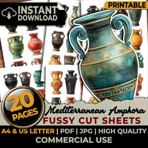 May include: A printable digital collection of 20 pages featuring Mediterranean amphora fussy cut sheets. The sheets display various illustrated vases in colors including teal, red, black, and yellow, with gold accents and Greek key patterns.