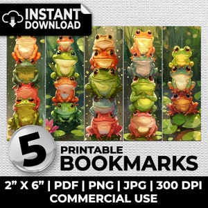 May include: Set of five printable bookmarks featuring stacks of colorful cartoon frogs. Each frog is a different color, including green, orange, and red. The bookmarks are 2 inches by 6 inches.