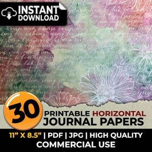 Puede incluir: Una colección digital de 30 papeles de diario horizontales imprimibles que miden 27,94 por 21,59 cm. El fondo presenta un lavado de acuarela en tonos morados y verdes con arte lineal blanco de flores y una superposición de texto cursivo.