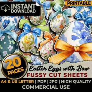 Easter Eggs Bow Fussy Cut Sheets Ephemera Printable Junk Journal Planners Crafts Cutouts Clipart Scrapbook Sublimation A4 & US Letter
