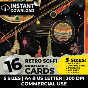 Kit de diario basura con tarjetas ATC de ciencia ficción y espacio retro, efímeras, papeles digitales imprimibles, páginas de diario de scrapbooking, suministros para sublimación, tamaño A4, carta de EE. UU.