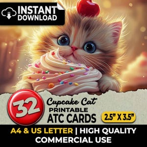 Cupcake Cat ATC Cards Cat Mom Junk Journal Cartões postais Kit para impressão Ephemera Papéis digitais Suprimentos para scrapbooking Sublimação A4 Carta dos EUA