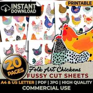 Folk Art Chickens Fussy Cuts Ephemera Printable Sheets Junk Journal Planners Crafts Scrapbook Sublimation A4 & US Letter