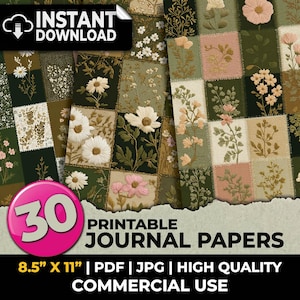 May include: A collection of 30 printable journal papers with floral designs in shades of green, pink, and cream. The papers are 8.5" x 11" and available in PDF and JPG formats. The image includes the text "INSTANT DOWNLOAD" and "COMMERCIAL USE".