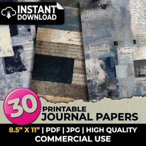 Pode incluir: Uma coleção de trinta papéis de diário imprimíveis com uma colagem de texturas em azul, bege e branco. Os designs incorporam elementos em camadas, incluindo escrita à mão, fragmentos de documentos antigos e manchas abstratas de tecido azul escuro.