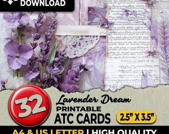 Lavendel ATC Karten Junk-Journal digitale druckbare Blätter druckbare Karten Junk-Mixed Media Journal liefert Sofortiger Download A4 & Letter-Größe