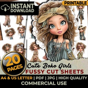 Könnte beinhalten: Ein digitales, druckbares Blatt mit 20 Seiten Cute Boho Girls Fussy Cut Sheets. Die Grafiken zeigen Illustrationen junger Charaktere mit lockigem Haar, Stirnbändern und mehrlagiger Kleidung in verschiedenen Posen. Der Text umfasst INSTANT DOWNLOAD, PRINTABLE, 20 PAGES, A4 & US LETTER, PDF, JPG, HIGH QUALITY und COMMERCIAL USE.