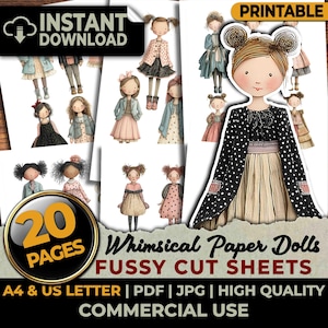 Op de afbeelding: Een verzameling printbare papieren poppen op vellen met diverse personages in uiteenlopende outfits, waaronder jurken, jasjes en rokken. De tekst luidt: INSTANT DOWNLOAD, 20 PAGES, Whimsical Paper Dolls FUSSY CUT SHEETS, A4 & US LETTER, PDF, JPG, HIGH QUALITY, COMMERCIAL USE.