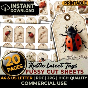 Etiquetas rústicas para insectos, mariquita vintage, estilo victoriano, recortes recargados, hojas imprimibles, recortes para diarios basura, álbumes de recortes, sublimación, tamaño A4 y carta de EE. UU.