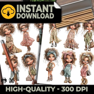 May include: A digital collection of illustrations featuring multiple young characters with curly hair, wearing various outfits including dresses, overalls, and headbands, accompanied by accessories like bags and glasses, presented as a high-quality download.