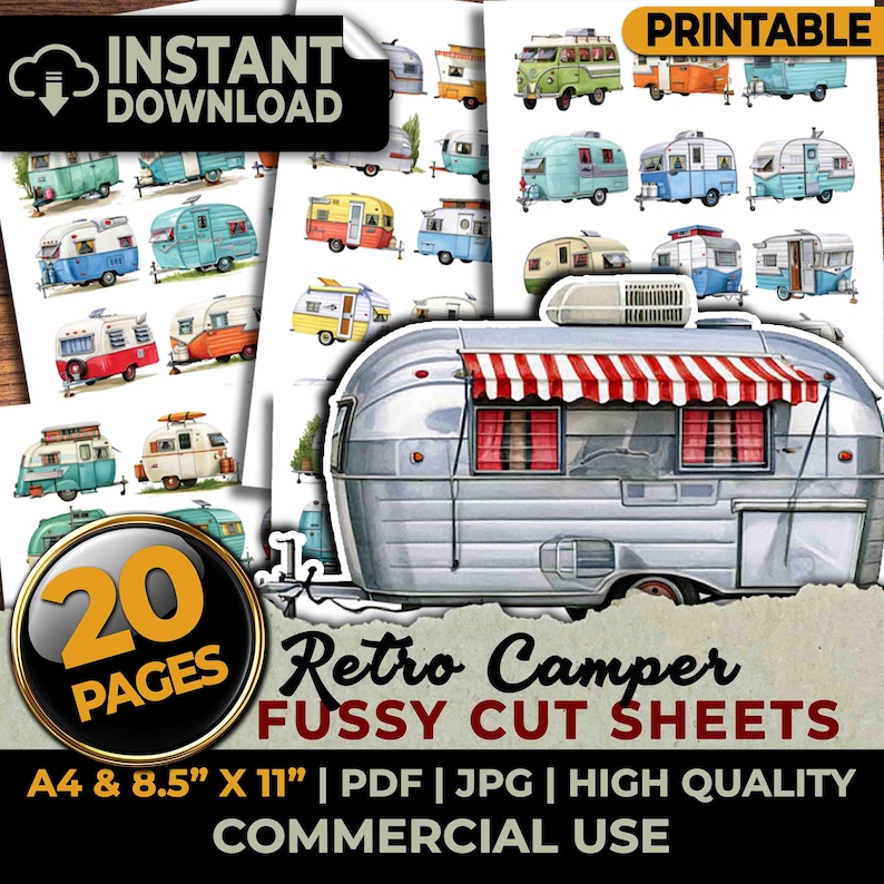 Retro Camper Vintage RV Trailer Caravan Fussy Cuts Ephemera Printable ...