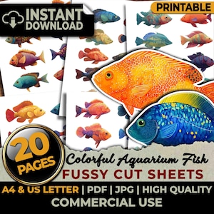 May include: A collection of printable sheets featuring twenty pages of colourful aquarium fish illustrations. The designs include various fish species in vibrant shades of orange, blue, red, and yellow, intended for fussy cutting projects.