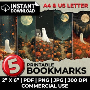 May include: Five printable Halloween bookmarks featuring a spooky forest scene with ghosts, pumpkins, and a moon. The bookmarks are 2 inches by 6 inches and are available in PDF, PNG, and JPG formats at 300 DPI.  They are for commercial use.