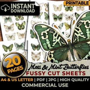Moss Mint Butterflies Fussy Cuts Ephemera Printable Sheets Junk Journal Planners Crafts Cutouts Clipart Scrapbook Sublimation A4 & US Letter
