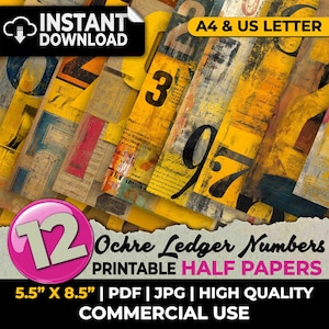 Puede incluir: Descarga digital de 12 medias hojas imprimibles con números de registro ocre. Los papeles presentan grandes números negros sobre un fondo amarillo y envejecido. Los papeles miden 14 x 21,6 cm y están disponibles en formatos PDF y JPG para uso comercial.