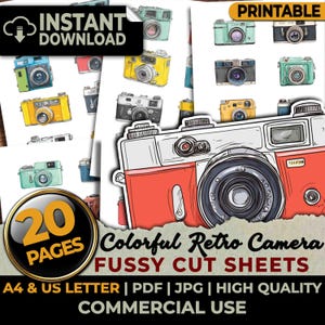 Puede incluir: Una descarga digital con diseños de cámaras retro coloridas. La imagen incluye varias ilustraciones de cámaras en tonos de azul, amarillo y rojo. El texto de la imagen dice "Descarga instantánea", "Imprimible", "20 páginas", "Hojas de corte intrincado de cámaras retro coloridas".