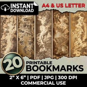 Puede incluir: Un conjunto de 20 marcadores imprimibles con diseños de mapas antiguos. Cada marcador mide 5 cm por 15 cm. La imagen incluye el texto "INSTANT DOWNLOAD", "A4 & US LETTER", "PRINTABLE BOOKMARKS" y "COMMERCIAL USE".