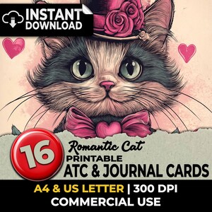 Cat Flowers Cat Mom Cat Lady Postcards ATC Cards Junk Journal Printable Ephemera Papers Scrapbooking Journal Pages Supplies Sublimation