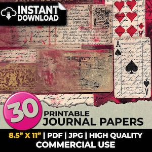 May include: A collage of vintage-style journal papers with handwritten script, playing card suits, and a pink circle with the number 30. The text reads "Printable Journal Papers" and "Instant Download". The papers are 8.5" x 11".