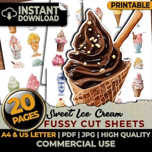 May include: A digital printable sheet featuring 20 pages of Sweet Ice Cream FUSSY CUT SHEETS with various ice cream cone and sundae illustrations. The main graphic shows a large chocolate soft serve ice cream cone with nuts in a waffle cone.