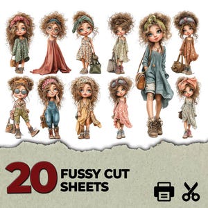 May include: A collection of 20 fussy cut sheets featuring illustrations of curly-haired characters in various outfits, including dresses, overalls, and accessories like headbands and bags. The text 20 FUSSY CUT SHEETS is printed in large red and black font.