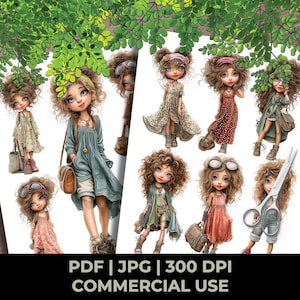 May include: A digital collection of illustrations featuring multiple cartoon-style characters with curly brown hair, large eyes, and various outfits including dresses, skirts, and accessories, accompanied by a pair of silver scissors on the right side.