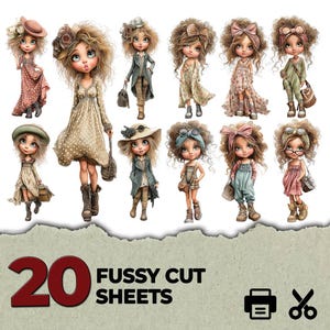 May include: A collection of 20 fussy cut sheets featuring illustrations of dolls with curly hair, wearing various outfits including dresses, hats, and boots. The text 20 FUSSY CUT SHEETS is printed in large red and black font with printer and scissor icons.