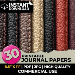 Puede incluir: Una colección de treinta papeles de diario imprimibles con patrones de cuero texturizado en negro, marrón, beige y rojo. La imagen incluye el texto INSTANT DOWNLOAD, 30 PRINTABLE JOURNAL PAPERS, 8.5" x 11" | PDF | JPG | HIGH QUALITY COMMERCIAL USE.