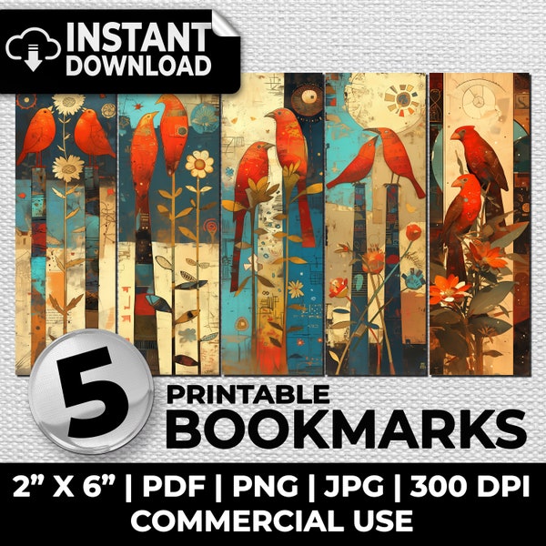 Red Birds Bookmark Sublimation Whimsical Bookmarks Ephemera Printable Bookmarks Set Journal Romantic Digital Download Bird Mixed Media