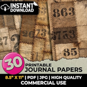 Puede incluir: Una colección de papeles para diario imprimibles con pergamino envejecido de estilo vintage, bordes cosidos en marrón oscuro y grandes números impresos en negro. Los papeles muestran varias secuencias numéricas y texto, midiendo 21,59 cm por 27,94 cm.