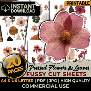 May include: A collection of 20 printable pages featuring pressed flowers and leaves in various shades of pink, brown, and green. The sheets include individual floral elements and foliage designs, presented as high-quality digital files for cutting.