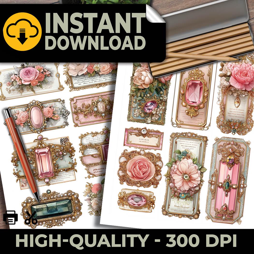 Blush Pink Vintage Jeweled Labels Tags Gilded Jewel Fussy Cuts Ephemera ...