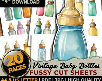 Vintage Baby Bottles Fussy Cut Sheets Ephemera Printable Junk Journal Planners Crafts Cutouts Scrapbook Sublimation A4 & US Letter
