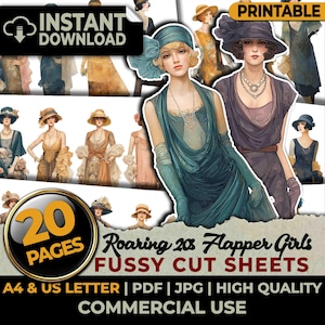 Op de afbeelding: Een digitale collectie van 20 pagina's met illustraties van vrouwen in jurken en hoeden in jaren 20-stijl, getiteld Roaring 20s Flapper Girls Fussy Cut Sheets. De printbare set bevat diverse figuren in vintage kleding, beschikbaar in A4 en US Letter formaten.