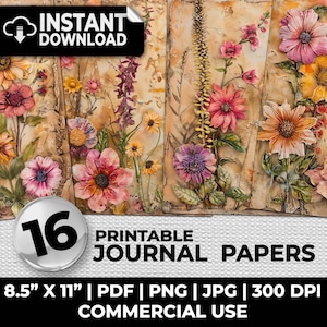 Mixed Media Flowers Journal Papers Printable Pages Ephemera Scrapbooking Collage Card Making Art Journal  Sublimation Distressed Decoupage